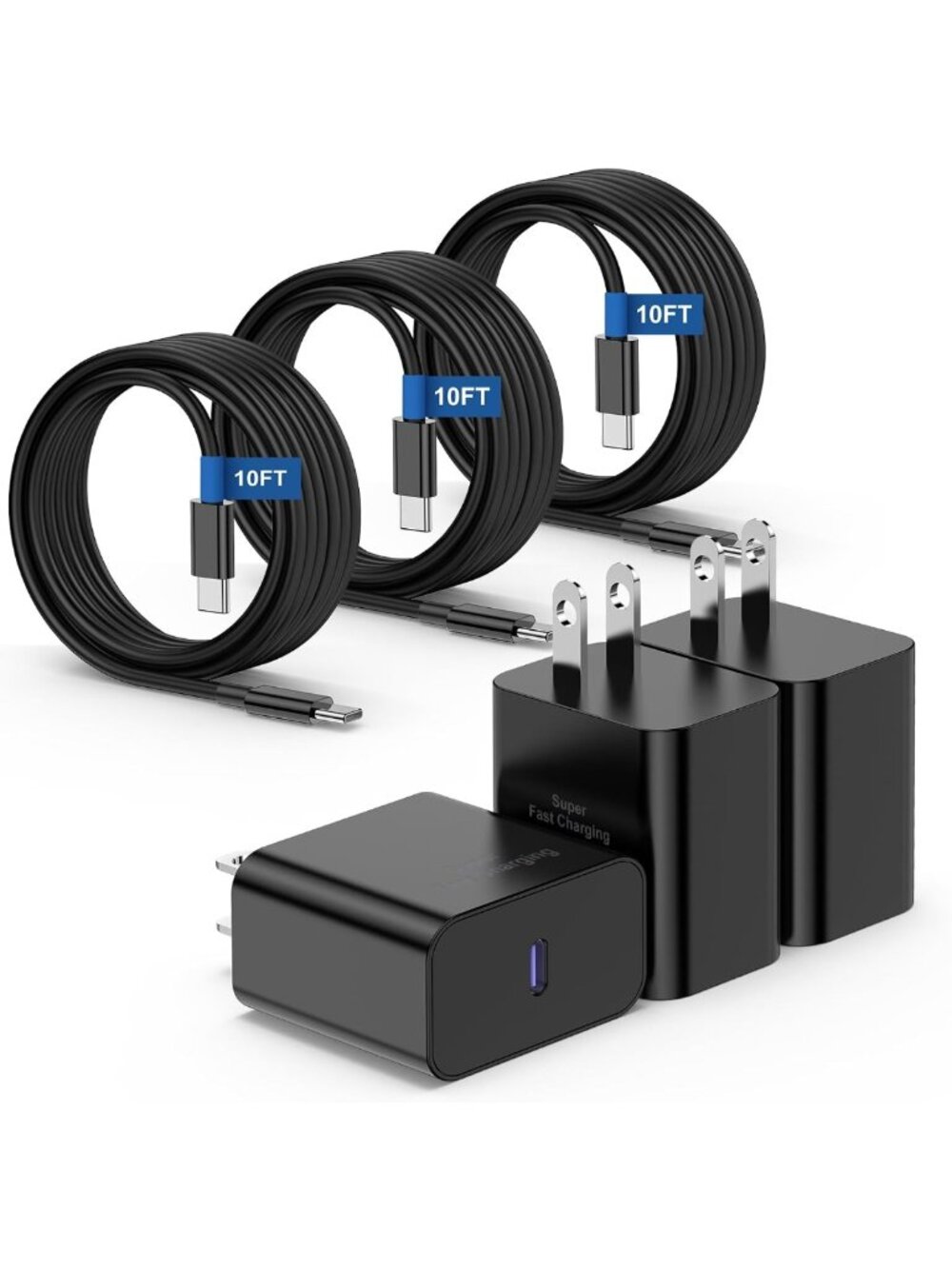 3-Pack Fast Charging USB C Charger 10FT - Extra Long Type-C Cord for Android